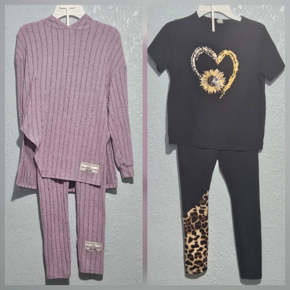 Shein Girl's 2 Piece Outfits Size 8/9, Like New, Soft Purple & Black Sunflower